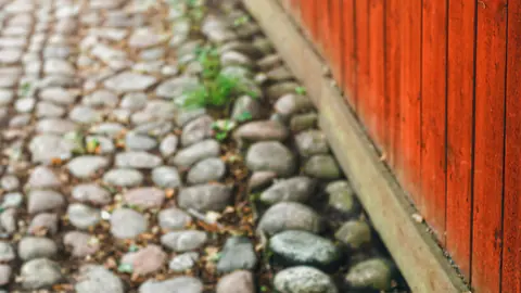 Cobblestone edging strip running along a wooden fence