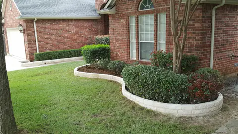 Cream limestone border curving around a brick home with clipped boxwoods