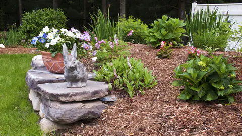 Weeded and freshly mulched landscape bed with stone accents