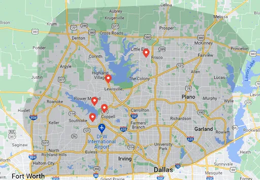 Ryno Lawn Care Service Areas Map - Dallas Fort Worth