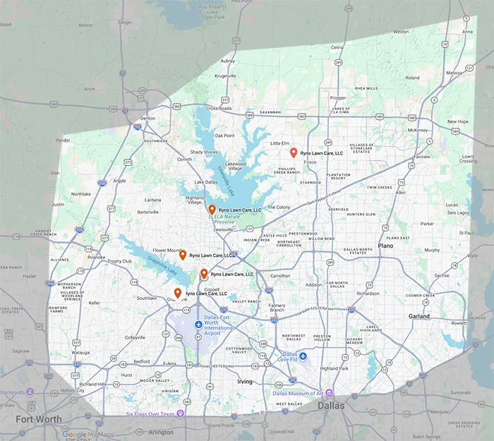 Ryno Lawn Care Service Areas Map - Dallas Fort Worth