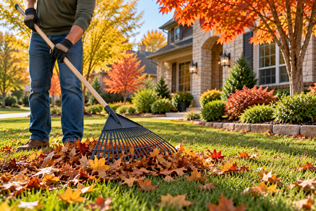 rake leaves on lawn