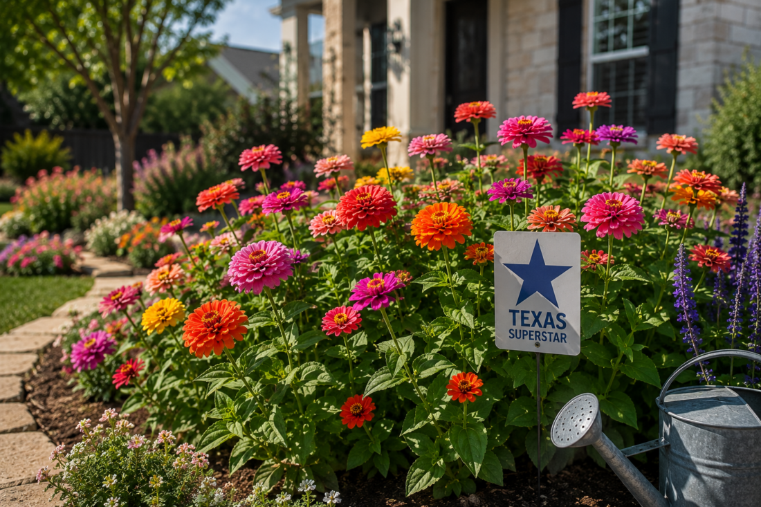 zinnias in flower bed