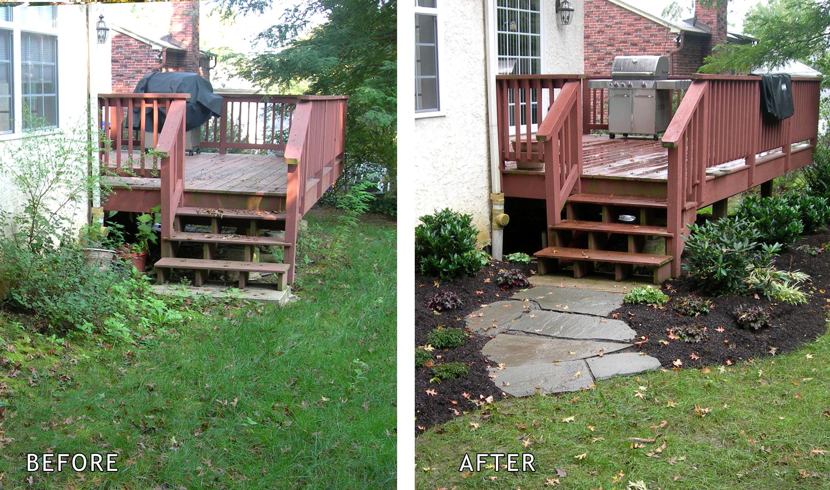 Image of Before and after photo of a yard with and without mulch